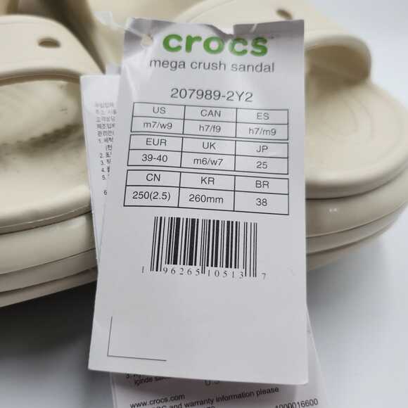 Unisex Size M7/W9 Crocs Mega Crush Sandals Beige Perforated Comfort 207989-2Y2 main image 5